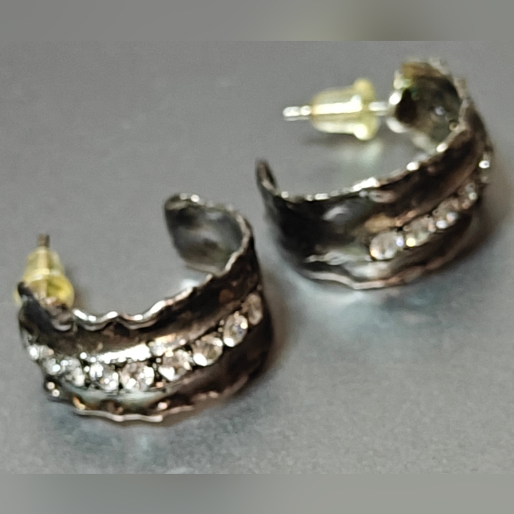 Modernist Antiqued Sterling Silver 925 Half Hoop Earrings with CZ Stones